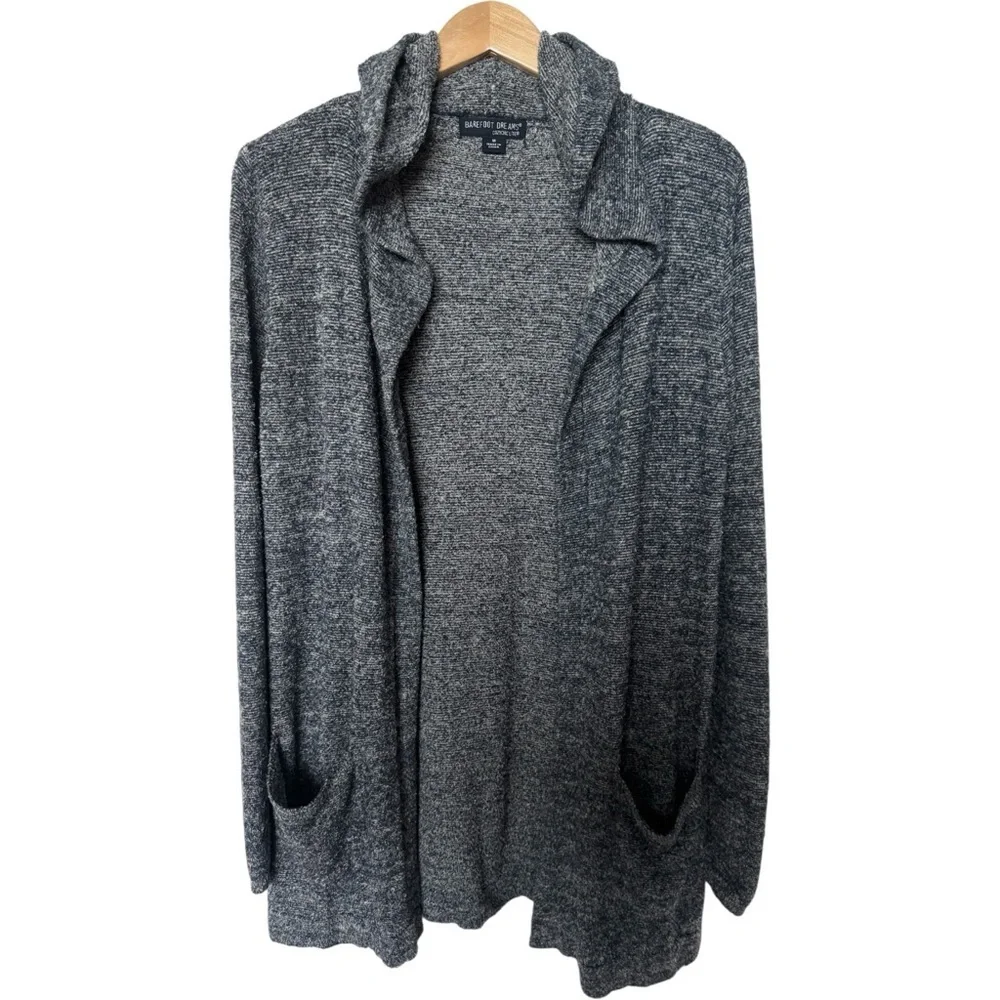 BAREFOOT DREAMS CozyChic Lite Knit Resort Hooded Cardigan Navy Blue Grey Medium - Picture 3 of 7